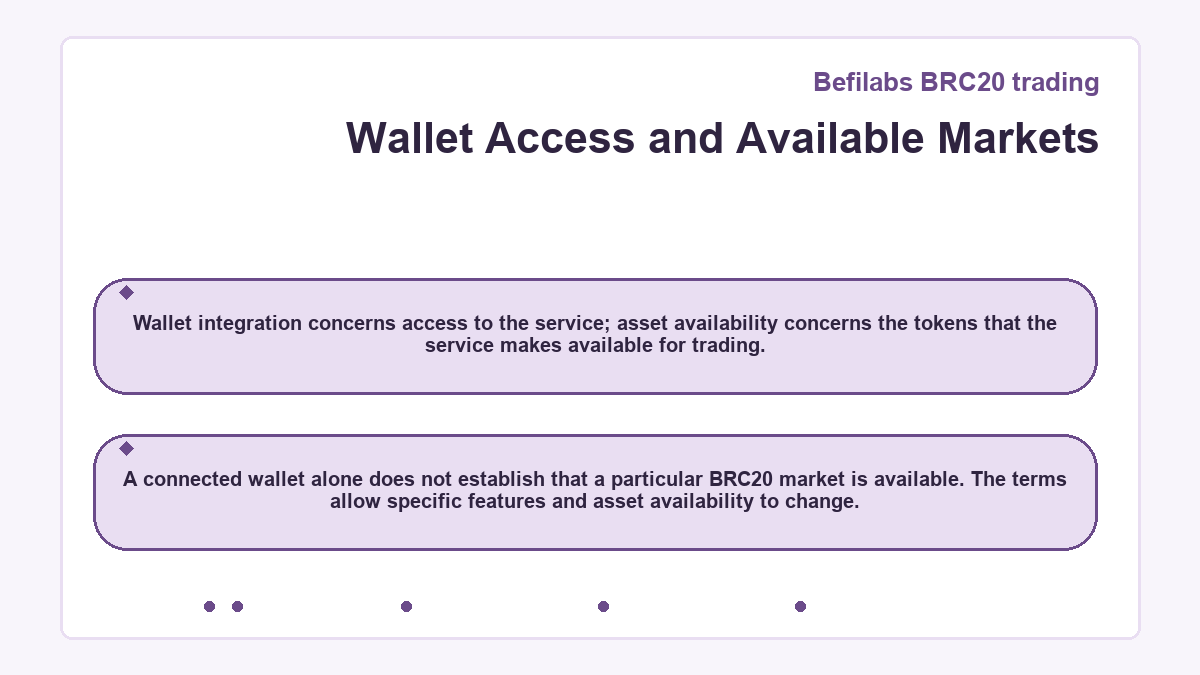 Visual summary: Wallet Access and Available Markets (Befilabs BRC20 trading)